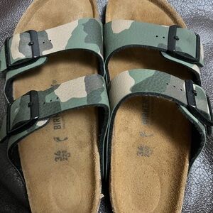 Birkenstock Green and Tan Camouflage Sandals
